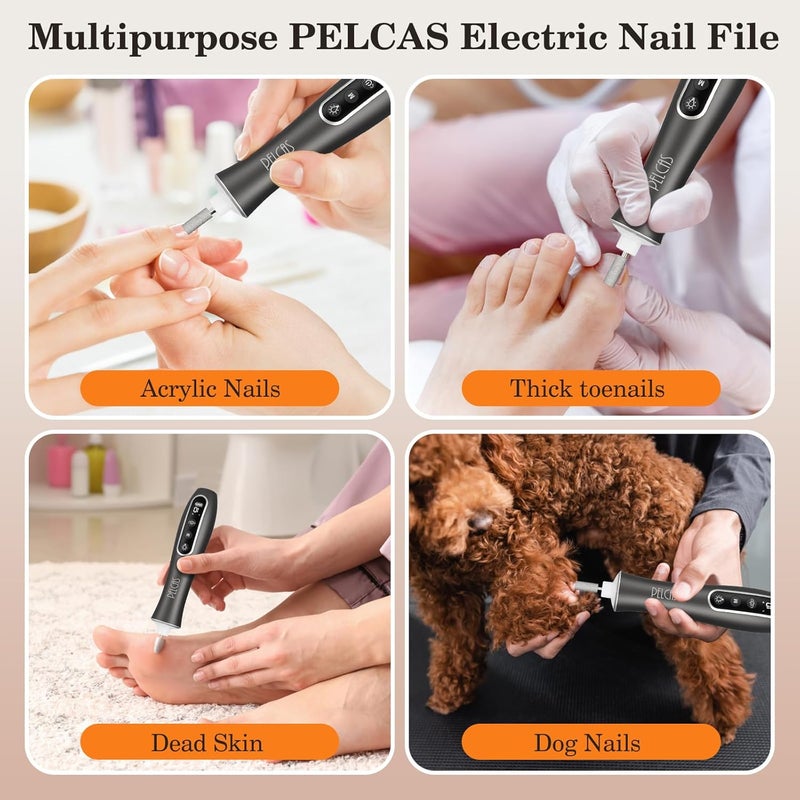 PELCAS Electric Nail Drills, Professional Cordless Nail File Kit with Light, 10 Speeds Manicure & Pedicure Kit for Human, Pet, Thick Toenails, Natural & Acrylic Nails Grey - Image 5